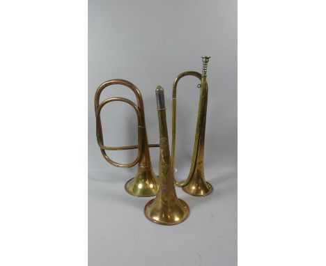 A French Brass Railway Warning Horn Inscribed SNCF Together with Matthews Brass Bugle and One Other 