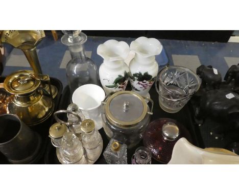 A Tray of Glassware to Include Four Bottled Cruet, Biscuit Barrel, Inkwell Ice Bucket etc 