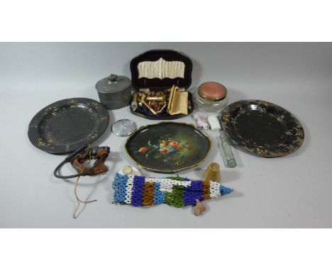 A Tray of Sundries to Include Pewter Tobacco Pot, Costume Jewellery, Powder Compact etc 