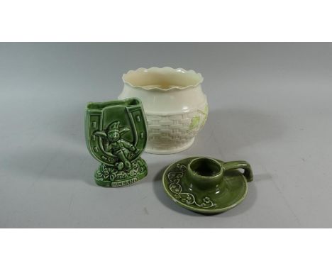 A Belleek Basket Weave Bowl, Irish Good Luck Vase and a Knock Candle Stick 