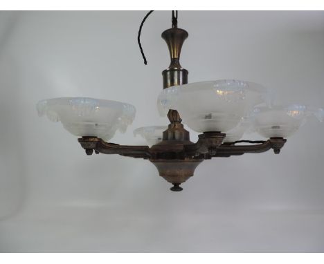 Six Branch Ceiling Light Fitting with Coloured Glass Shades 