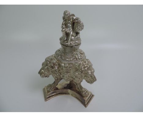 White Metal Inkwell - Three Lion Heads Raised on Three Feet and Lion with Angel to Lid - 16cm High 