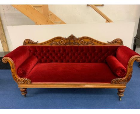 Carved Mahogany Framed Upholstered Button Back Sofa 