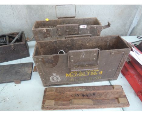 Two military explosives boxes containing vintage hand tools
