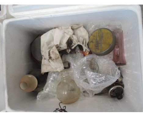 A box of vintage garage and DIY items including Lucas Head lamp