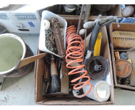 A box of vintage garage and DIY items including garden tools