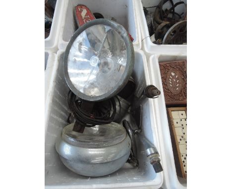 A box of vintage garage and DIY items including Marchal head light