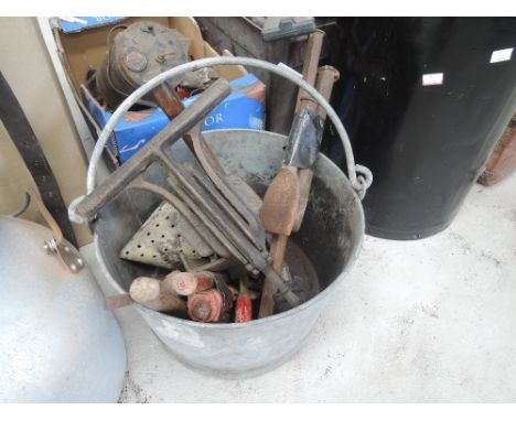 A selection of vintage building and workman tools including Paramo vice