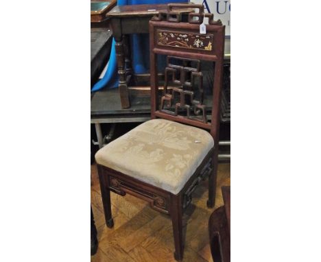 Chinese ivory inlaid rosewood side chair with geometric pierced top rail, figure, bird and landscape inlaid to the panel abov