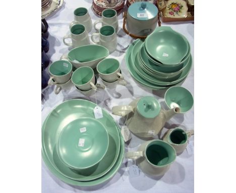 Poole pottery green and grey mottled part tea, coffee and dinner service together with a biscuit barrel with grey body and bl