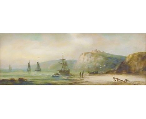 Oil on board
Thomas Walter Wilson (1851-1912)
Seascape showing a beach with fishing boats and ruined castle on top of hill in