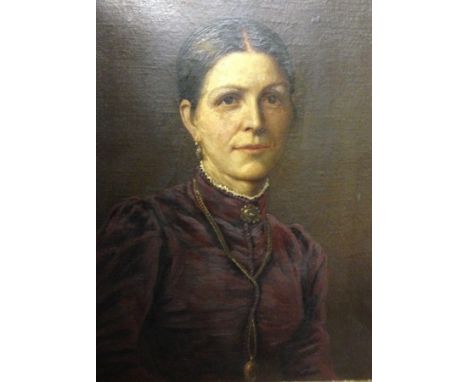 Oil on canvas
19th century school
Half-length portrait of a woman wearing purple blouse and gold chain, 39cm x 29cm 