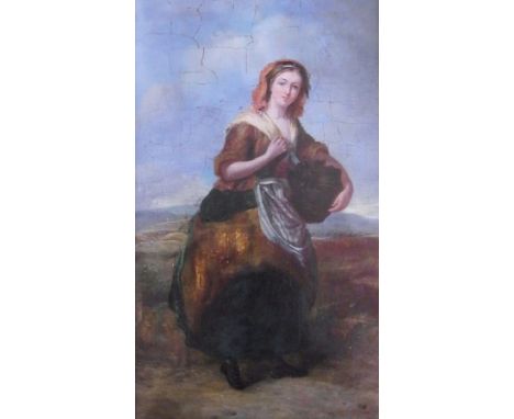 Oil on panel
19th century English School
Jessie Macleod (fl.1845-1875) 
Portrait of a young woman with a bundle of clothes wa