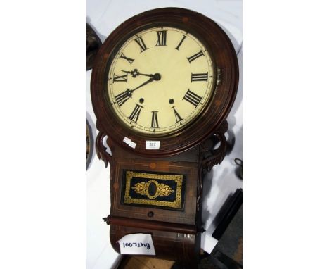 Inlaid mahogany drop-dial eight-day striking wall clock, enamel dial, repainted