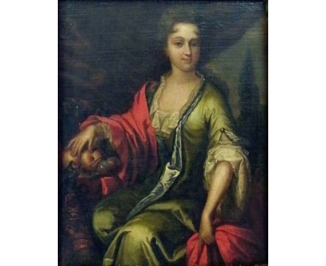 Oil on canvas 17th/18th century three-quarter length portrait of a lady, possibly Duchess of Marlborough, 25cm x 20cm