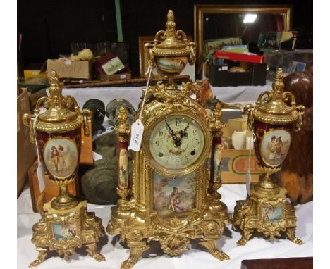 Modern brass and porcelain clock garniture in the Louis Quinze style, the mantle clock having eight-day, striking movement, c