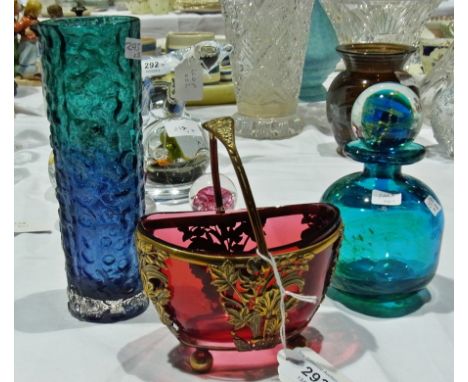 A collection of coloured glass including a Mdina decanter and vase (3)