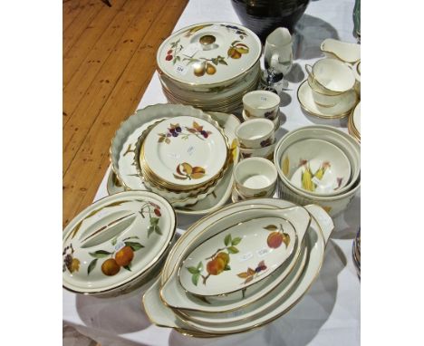 Six Royal Worcester "Evesham" pattern dinner plates, six side plates, serving dishes, ramekins and other items 