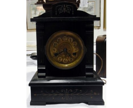 Edwardian stained black cased mantel clock, minature longcase clock, with light fitting and an early telephone type system 