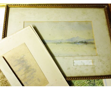 Watercolour drawing
19th century school 
Seascape with mountains in distance, entitled "Dublin Bay", 14cm x 26cm together wit
