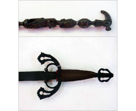 Inlaid African walking stick, carved with female bust another walking stick and an iron sword 