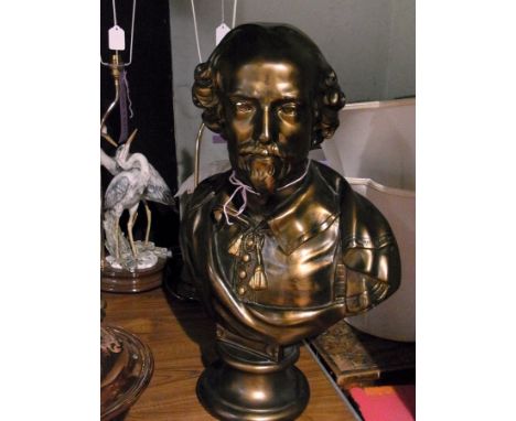 Bronzed plaster bust of William Shakespeare and two lamp shades, one of which has two herrings and the other two flamingos (3