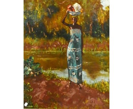 Oil on canvas
Ugandan school
Portrait of woman beside river, baskets of clothes on her head, signed indistinctly, 73cm x 67cm