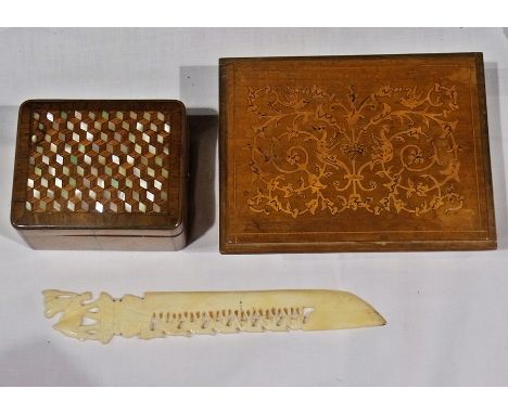 Victorian inlaid rosewood writing box, mother-of-pearl parquetry inlaid box, marquetry inlaid box and a letter opener (4) 