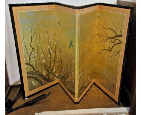 Oriental ebonised and painted four-fold panel screen decorated with birds and prunus trees 