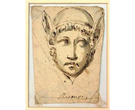 Pen and wash drawing
Attributed to Samuel de Wilde (1748-1832) 
"Mercury", study of head in winged helmet, inscribed, 11.5cm 