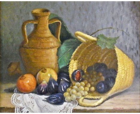 Oil on board 
Still life, signed indistinctly, 44cm x 53cm with 
Two watercolour drawings and 
framed print (4) 