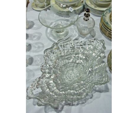 A glass fruit bowl, a glass decanter and a studio glass piece, silvered to the reverse 