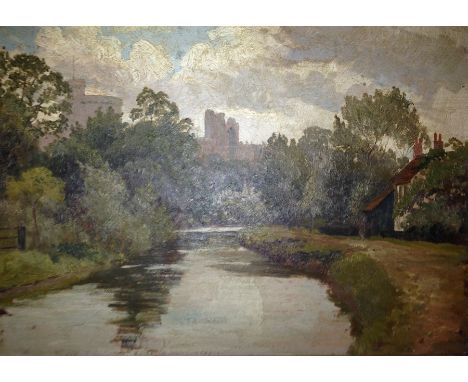 Oil on panel 
19th century school 
River landscape with Windsor Castle in the background, see verso for suggested attribution