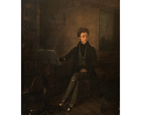 Oil on panel
Full-length portrait of seated gentleman at music stand, holding bow beside cello, in interior, paper fragments 