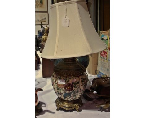 China lamp base, floral and bird decorated in brass mounts