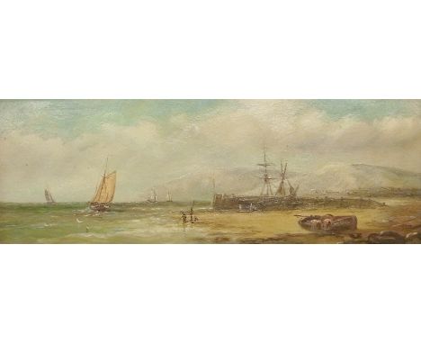 Oil on board 
Thomas Walter Wilson (1851-1912)
Seascape showing beached fishing boat, fishing boats in the background and fis