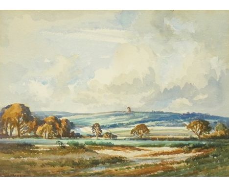 Watercolour drawing
Edwin Lawson James Harris (1891-1961)
Landscape scene, possibly Sussex, with trees looking towards tower 