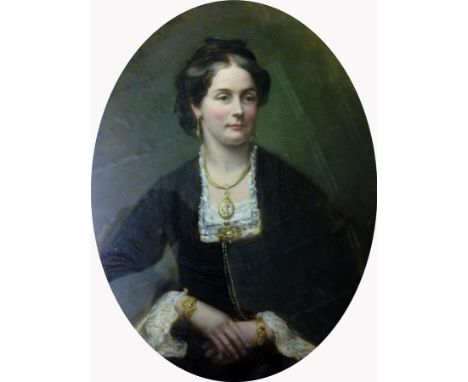 Oil on board
Half-length oval portrait of a woman in black dress, with lace detailing, wearing gold necklace with diamond and