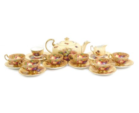 An Aynsley porcelain Orchard Gold pattern part tea service, comprising teapot, six teacups and saucers, milk jug, sugar bowl 