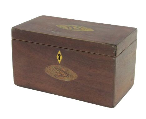 A 19thC mahogany tea caddy, of rectangular form, the lid inlaid with shell paterae, enclosing a twin division interior, the f