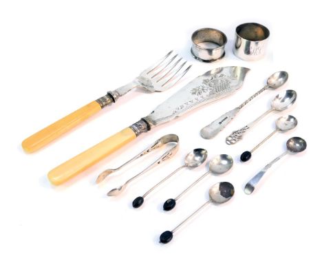 Silver and other cutlery, comprising four silver coffee bean spoons, a pair of George V Art Nouveau style sugar bowls, two si