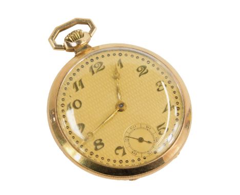A 9ct gold pocket watch, open face, keyless wind, circular engine turned yellow dial bearing Arabic numerals, subsidiary seco
