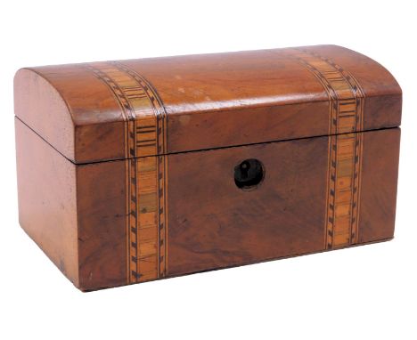 A 19thC walnut and boxwood curved top tea caddy, 9cm high, 18cm wide, 10cm deep.