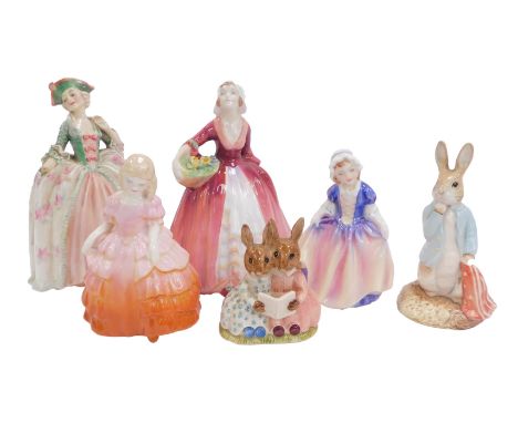 A  group of Royal Doulton and Royal Albert figures, comprising Royal Doulton Janet HN1537, 16cm high, Camille HN1648, 16cm hi