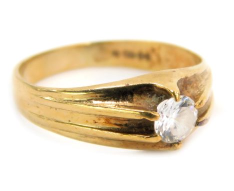 A 9ct gold signet ring, set with an imitation diamond, in six claw ribbed setting, ring size L, 2.1g all in. 