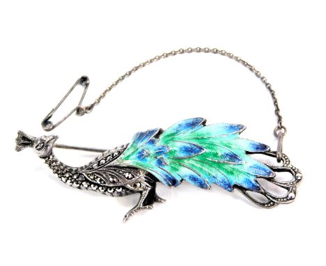 A marcasite and enamel peacock brooch, the blue and green enamel set with marcasite and single pin back, with safety chain wh