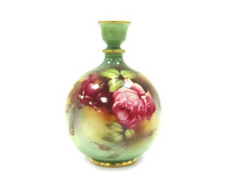 A Royal Worcester bottle, on a green and pale green ground, with handpainted rose decoration, signed H Martin, with green Wor