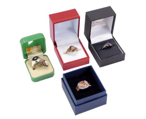A group of dress rings, each stone set, mainly marked 925, and a signet ring. (5)