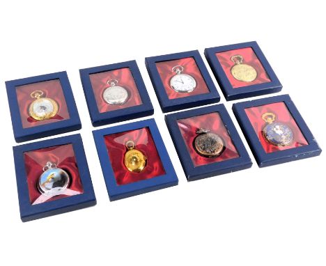 Eight collectable pocket watches, each in plated case, some with enamel decoration, with quartz movements, boxed. 