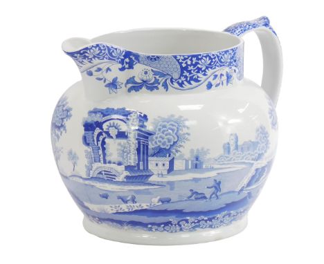 A Spode pottery Italian pattern blue and white water jug, 25cm high.